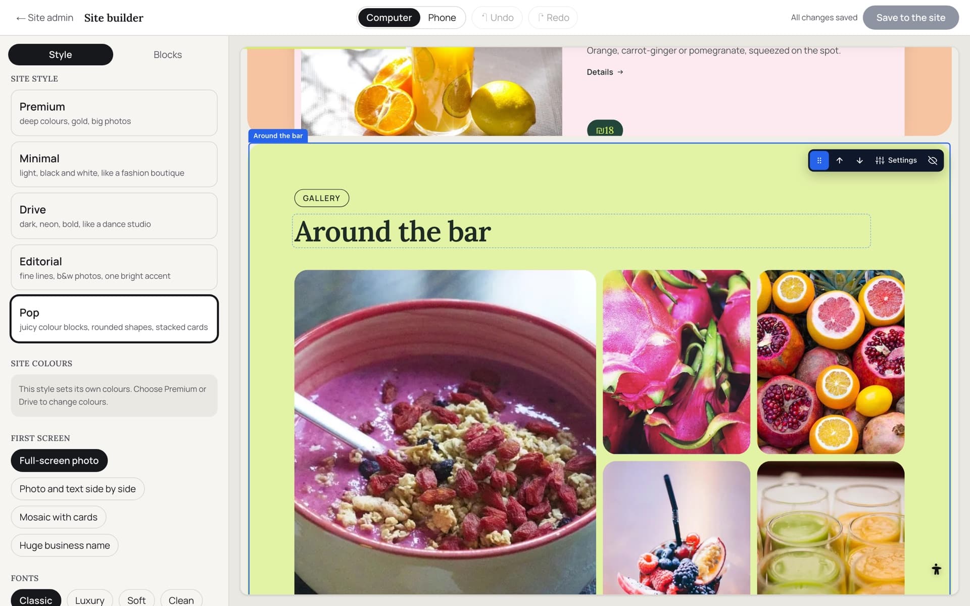 The Basic site builder: blocks on the page and the style panel